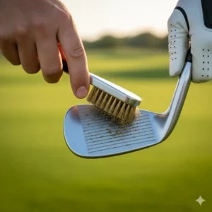 Close-up of a golfer cleaning golf grooves on an iron club using a brass-bristle golf brush.