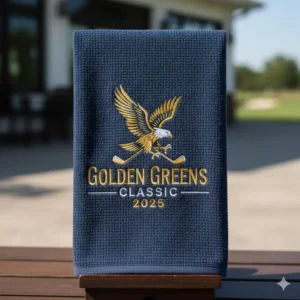 Showcase of a high-quality, custom-embroidered golf towel featuring a corporate logo for a golf event or tournament. 
