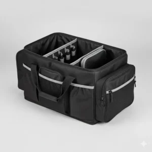 Clear view of the empty storage compartments within a durable golf trunk organizer.