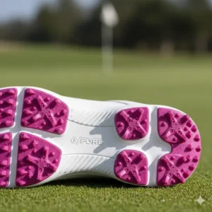 Close-up view of the non-slip sole technology on G/FORE women's golf shoes, ensuring stability during your swing. 
