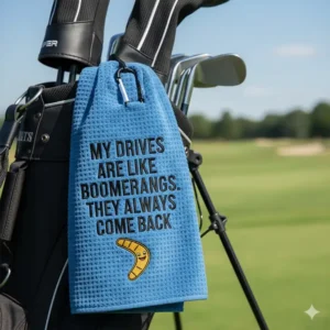 Close-up of a microfiber funny golf towel embroidered with a humorous quote about missing a putt. 