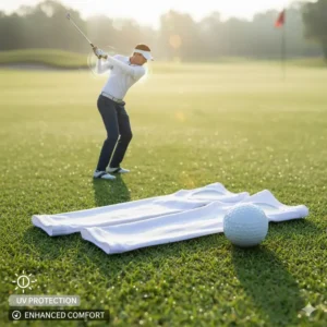 Close-up of a golfer wearing white UV protection golf sleeves while teeing off on a sunny day.