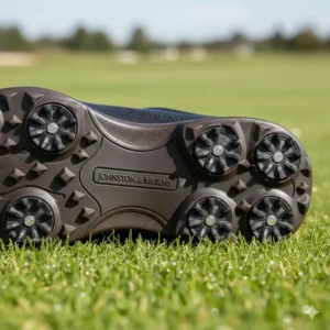 Close-up view of the durable, spiked sole providing excellent traction on the grass for johnston and murphy golf shoes. 
