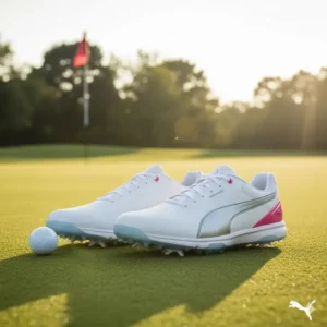 Close-up of the sole of a pair of Puma female golf shoes, highlighting the innovative traction and grip technology. 