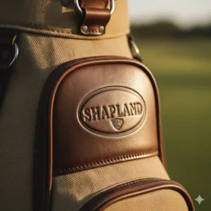 Close-up of the embossed logo on the side pocket of shapland golf bags.