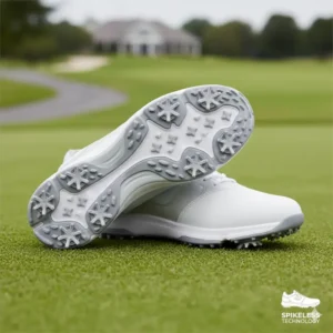 Close-up of spikeless men's golf shoes, emphasizing the versatile traction pattern for on and off-course wear.