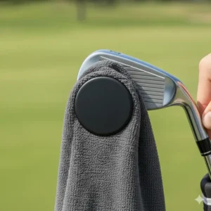 Close-up showing the strong magnet on the magnetic golf towel securely clinging to a metal golf club head. 