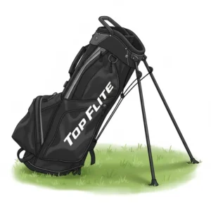 Close up of the automatic stand mechanism on a top flite golf bag showing the durable anti-slip legs.