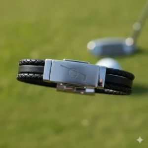 Close-up view of the secure golf bracelet clasp mechanism and metal finish.