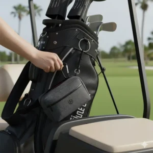 Carabiner clip securely attaches the golf valuables pouch to the main golf bag.