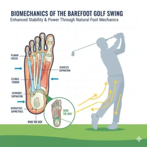 Close-up of the sole of a barefoot golf shoe, showcasing its unique lug pattern designed for optimal grip and ground connection on the golf course. 
