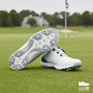 A pair of premium cleated mens golf shoes showing the soft spikes for maximum grip during the swing.