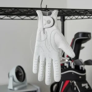Wet golf glove drying completely open on a purpose-built golf glove holder to prevent moisture and mildew.