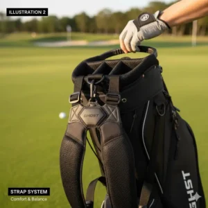 Close-up of the ergonomic strap system on the Ghost golf bag, demonstrating comfort for carrying in this ghost golf bag review.