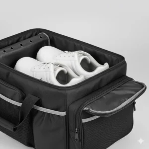 Close-up of the ventilated compartment for storing golf shoes separately in the trunk organizer.