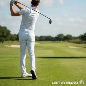 A male golfer on the course wearing white golf trousers and a subtly stylish ghost golf belt. 