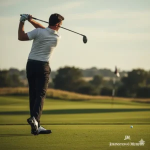Man finishing a powerful golf swing while wearing the new black and white johnston and murphy golf shoes. 