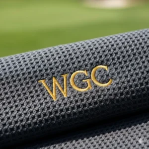 Textured shot of a microfiber personalized golf towel, highlighting the waffle weave for superior moisture absorption on the course. 