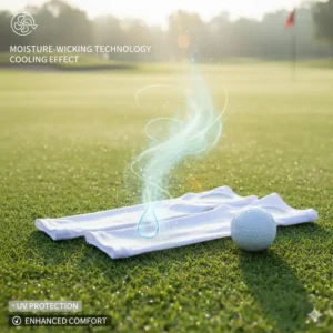 Moisture-wicking golf sleeves shown with a drop of sweat evaporating, illustrating their cooling effect and breathable fabric.