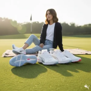 A pair of stylish Puma female golf shoes worn with casual attire, demonstrating their versatility and off-course appeal. 