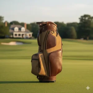 The elegant shapland golf bags standing upright on a perfectly manicured golf course.