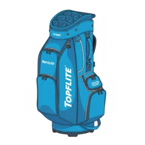 Blue top flite golf bag on a golf cart with a 14-way top divider for club organization.