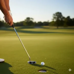 Golfer wearing the golf bracelet while lining up a putt on a sunny green.
