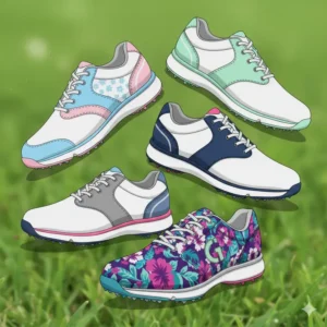 An illustration showcasing a collection of popular women's golf shoes in various stylish designs and trendy color combinations, appealing to fashion-conscious golfers.