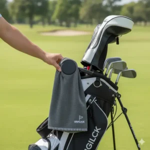 Golfer easily placing their magnetic golf towel on the side of their golf bag, keeping it off the ground. 