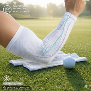 Athlete's arm with compression golf sleeves for golfers, demonstrating muscle support and improved blood circulation.