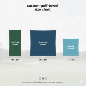 Comparison chart displaying standard sizes for custom golf towel (e.g., tri-fold, standard)