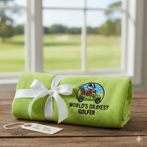 A new funny golf towel tied with a ribbon, presented as a great gift idea for golfers. 