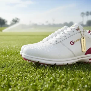 Detail shot of the premium waterproof leather construction of the G/FORE women's golf shoes, perfect for any weather condition. 