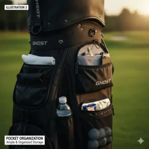 A shot showing the ample and well-organized pockets of the Ghost bag, essential information for a comprehensive ghost golf bag review.