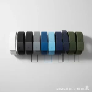 A flat lay of the various color options for the innovative ghost golf belts, including black, gray, and blue. 