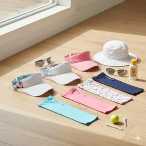 Essential sun protection gear, including hats and UV-blocking sleeves, that are part of girls golf clothes.