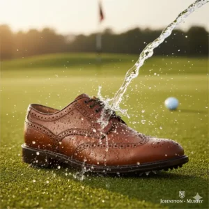 Demonstrating the waterproof technology of these premium brown leather brogues: johnston and murphy golf shoes. 