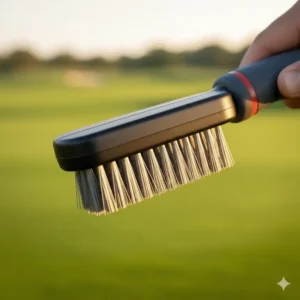 Dual-sided golf brush featuring both nylon bristles for woods and brass bristles for irons and wedges.
