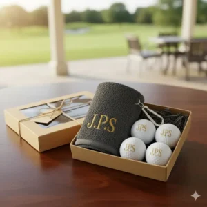A thoughtful gift set including a clip-on personalized golf towel and matching golf balls, ideal for any golfer. 