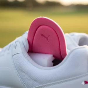 Demonstration of the waterproof technology on Puma female golf shoes, keeping feet dry on damp fairways. 
