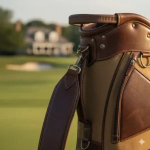 Detail of the comfortable, padded leather shoulder strap on shapland golf bags.