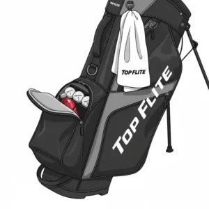 Detailed image of the cooler and valuables pockets on a top flite golf bag.