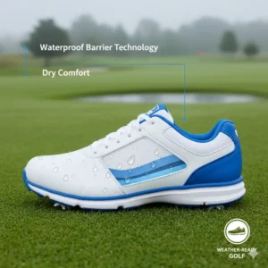 Image highlighting the waterproof mens golf shoes technology, keeping feet dry in wet conditions.