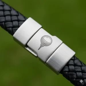 Texture shot highlighting the durable stainless steel or leather material of the golf bracelet.