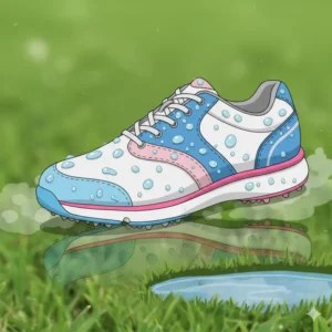An illustration depicting water beading off popular women's golf shoes, emphasizing its waterproof technology, essential for playing in wet conditions on the course.