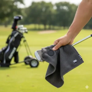 A golfer cleaning the grooves of a dirty iron using the wet side of the convenient magnetic golf towel. 