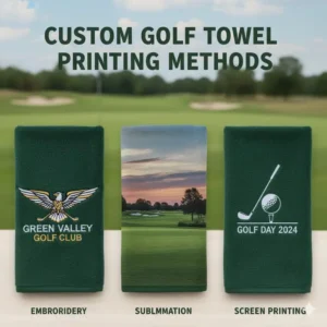 Example of different decoration methods: embroidery, sublimation, and screen printing on a custom golf towel