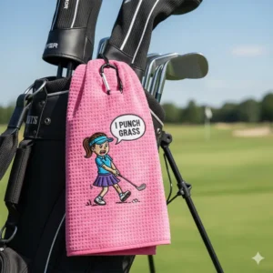 A bright blue funny golf towel hanging from a golf bag with a carabiner clip. 