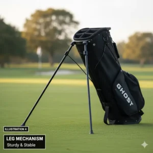 Detail of the sturdy, non-slip leg mechanism extended, ensuring stability on various course terrains as seen in this ghost golf bag review.