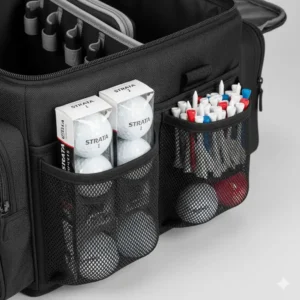 Detail shot showing an organized section with several sleeves of golf balls and a compartment for tees.